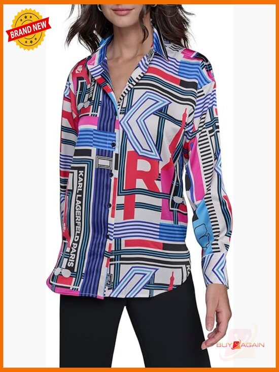 Oversized Printed Blouse Long Sleeve Button Down Regular Fit Polyester